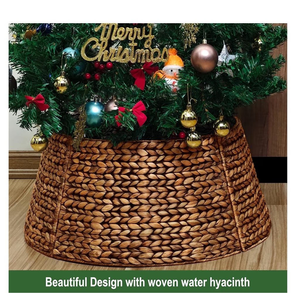 Rattan Christmas Tree Collar Wicker Tree Skirt Stand Base Cover-Brown Wash 24”